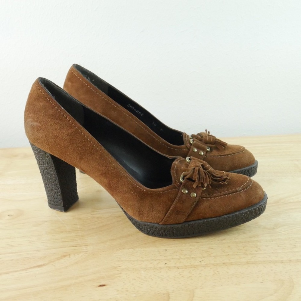Stuart Weitzman Brown Suede Tassel Platform Pumps Loafer Heels 10M Y2K Academia